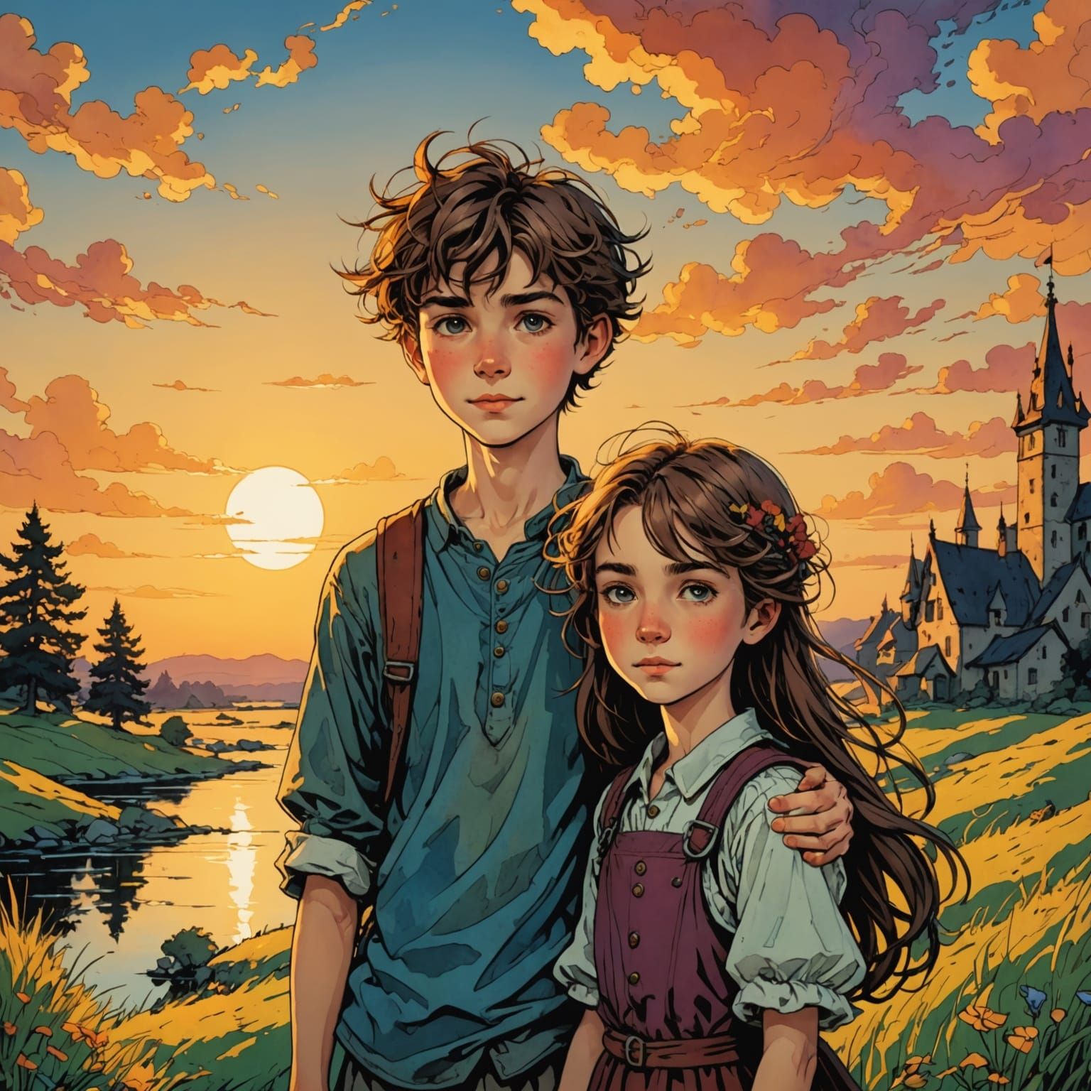 Cheerful Children at Sunset in Arthur Rackham Anime Style