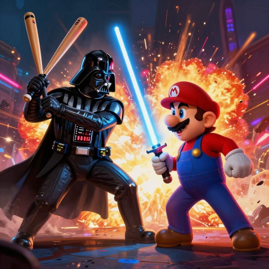 Epic Battle: Darth Vader vs Mario in Neon Arena