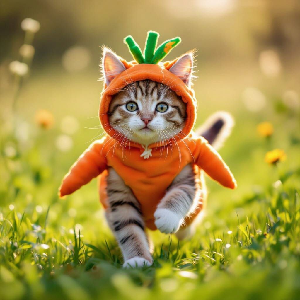 Adorable Baby Cat in Carrot Costume in Sunlit Meadow