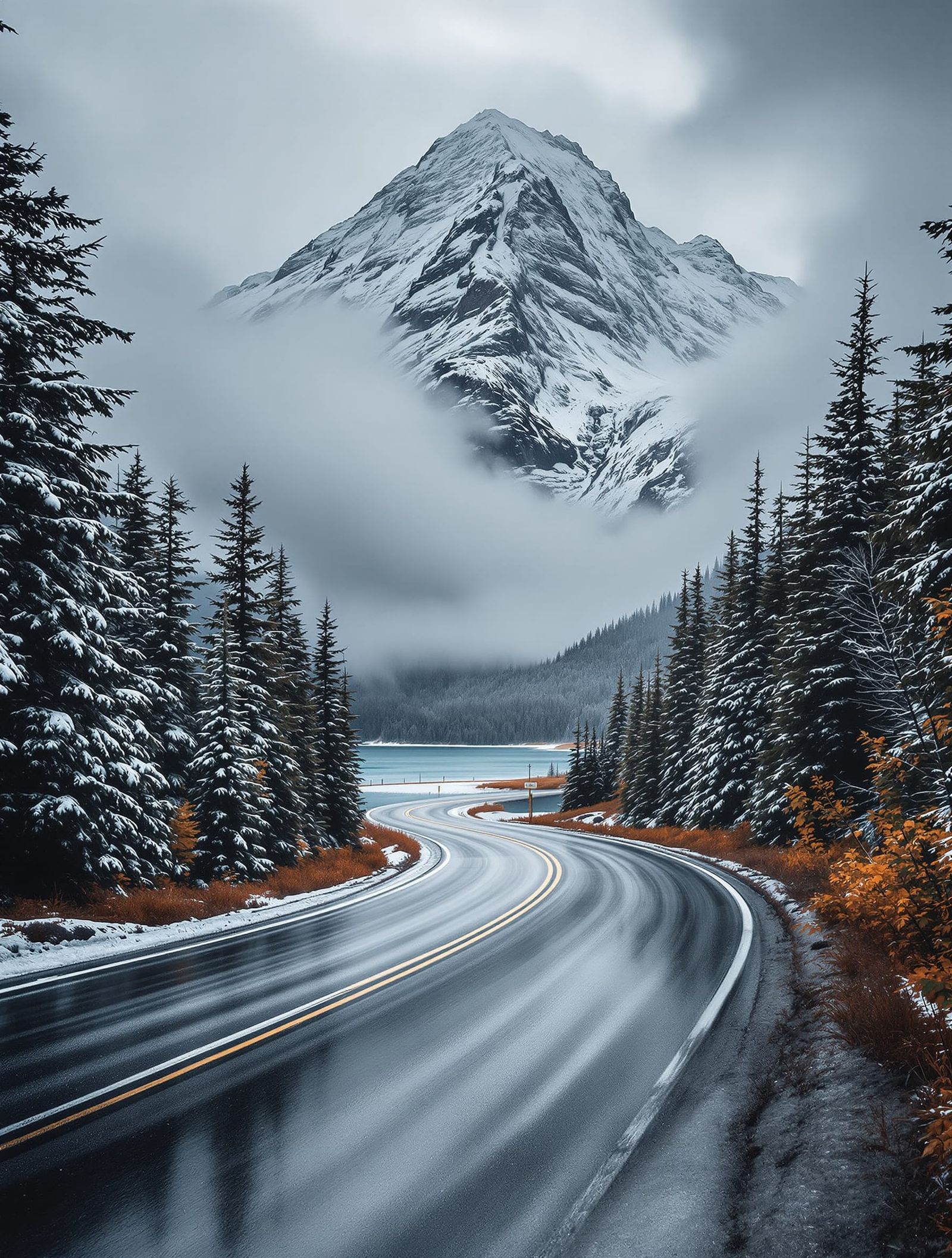 Moody Mountain Road Meets Misty Lake Landscape Photograph
