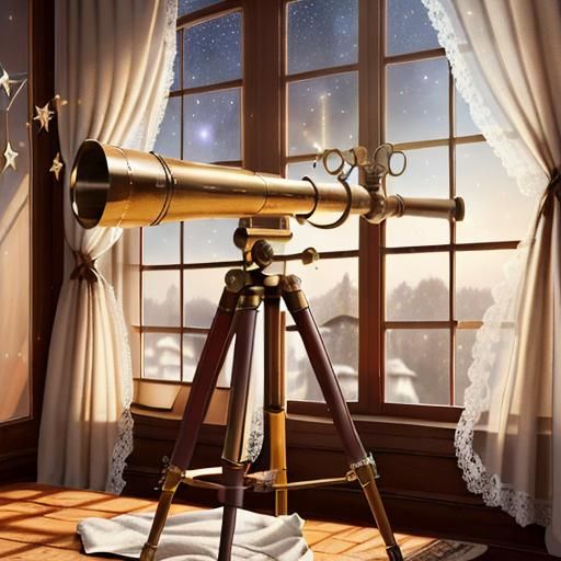 Antique Telescope Pointed at Stars in Wooden Room