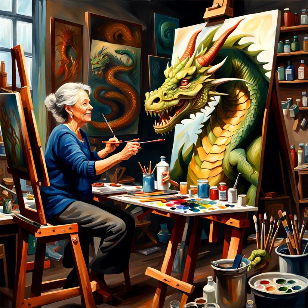 Woman Painting with Dragon in Oil on Canvas