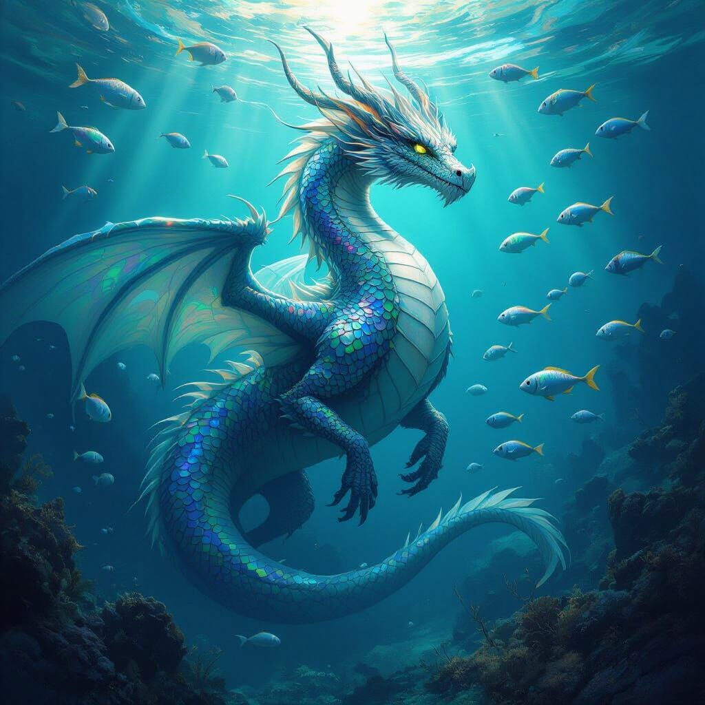 Underwater Dragon Tiamat with Iridescent Scales