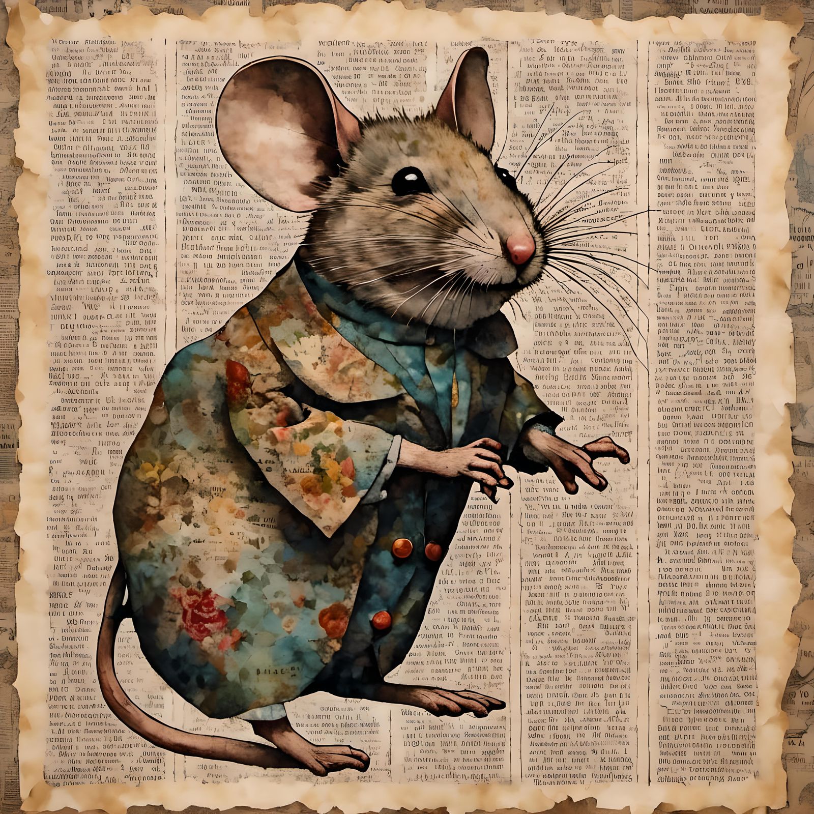 Mouse on Newspaper: Vintage Painting