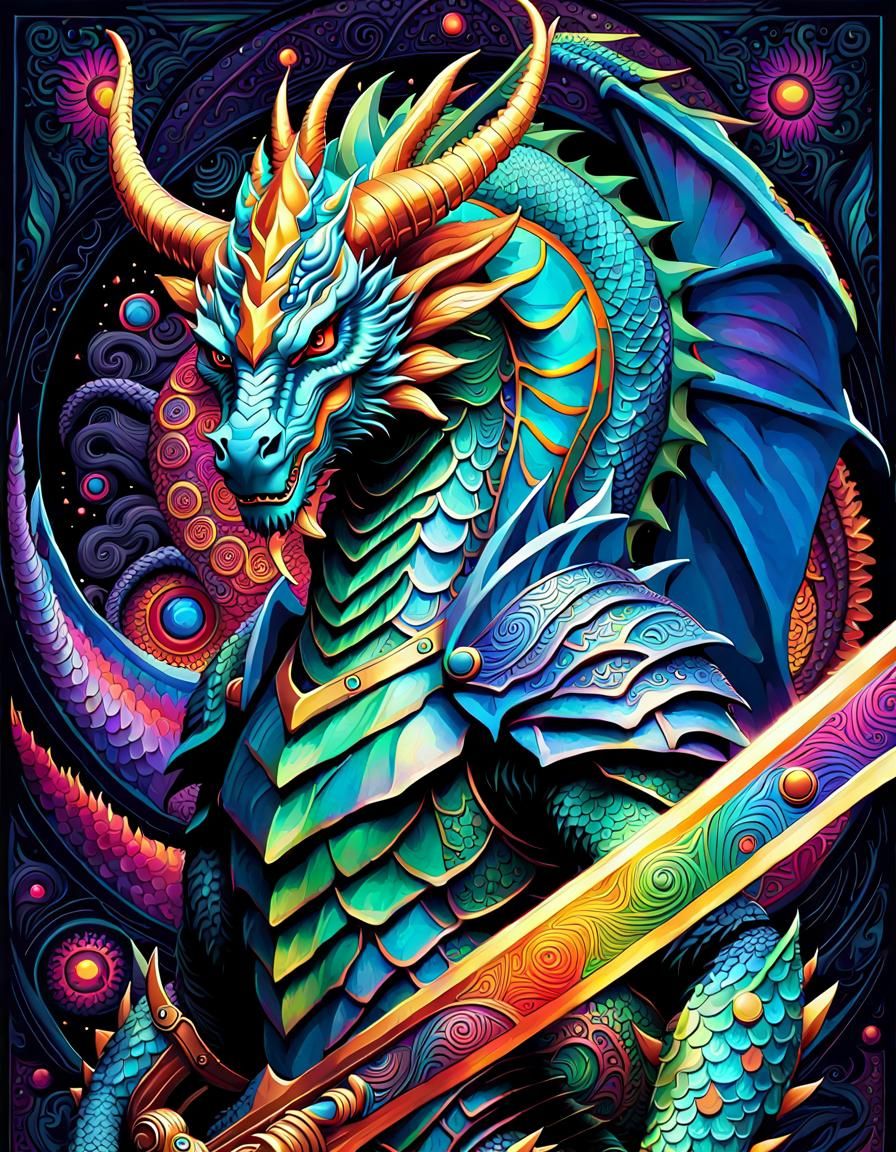 Mystical Dragon Warrior in Psychedelic Neon Forest