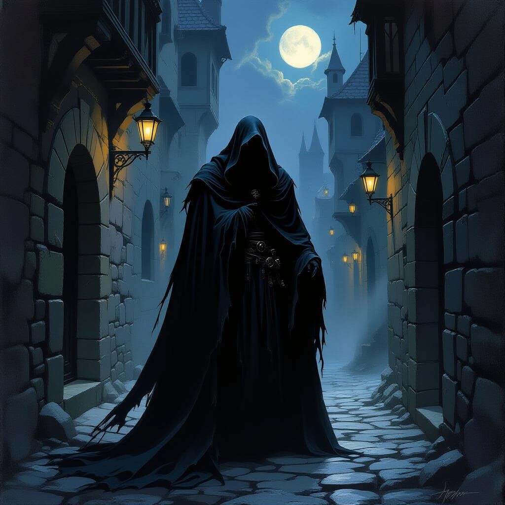 Sinister Cloaked Figure in Medieval Alleyway at Night