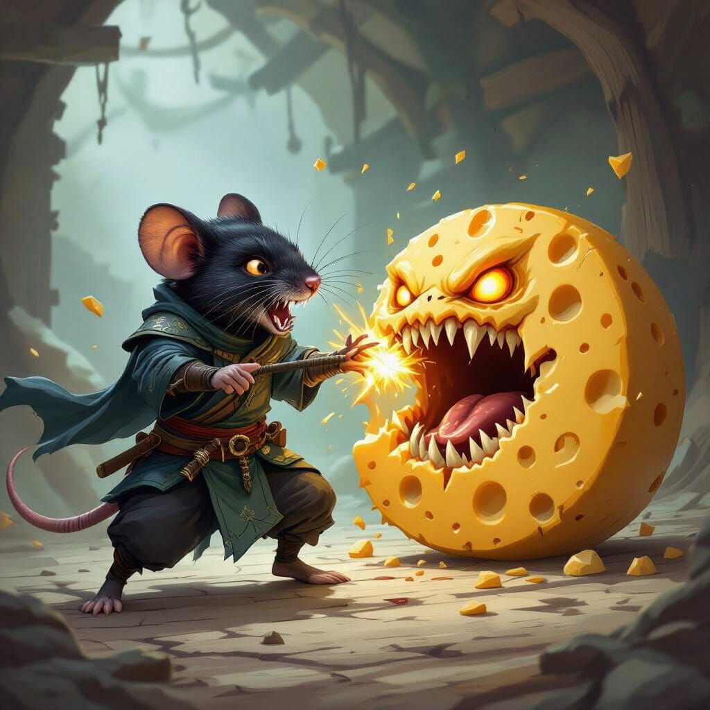 Mousefolk Monk Fights Cheese Mimic in Dynamic Fantasy Art St...