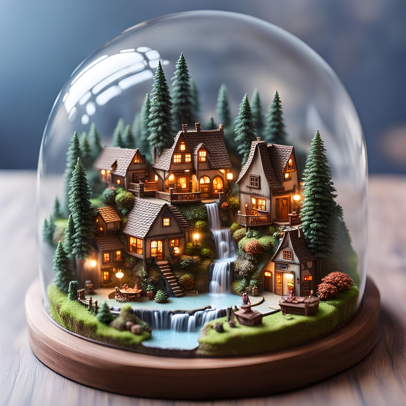 Miniature Village Diorama in Glass Dome