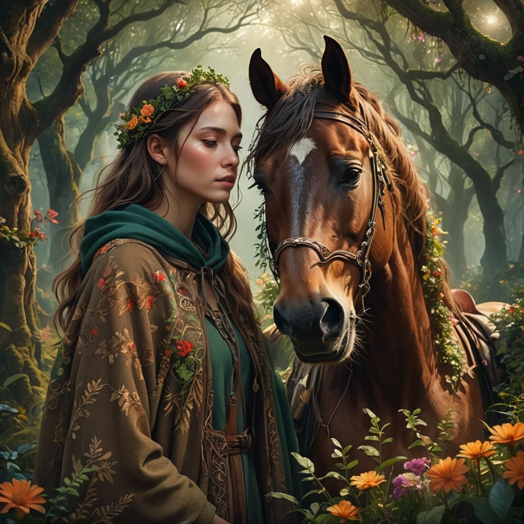 Girl Hugging Horse in Enchanted Forest Concept Art