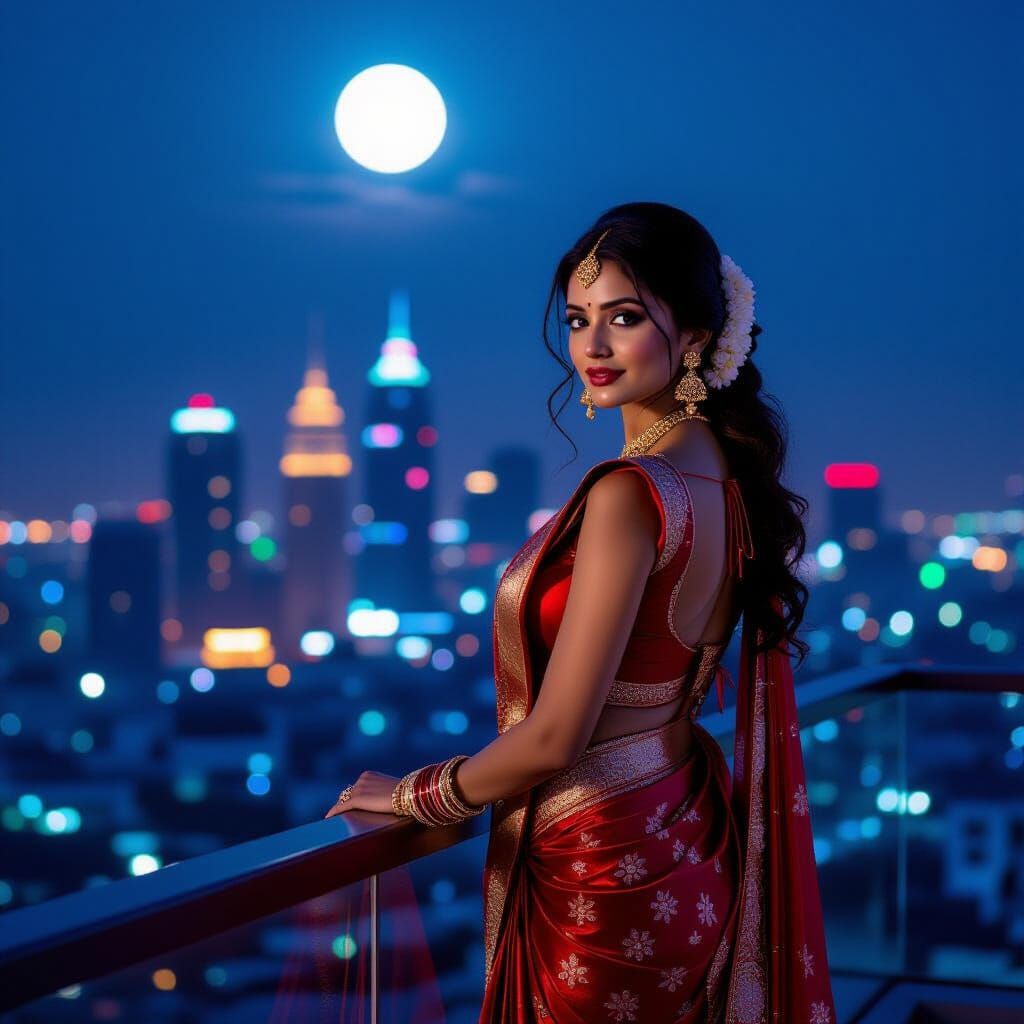 Cyberpunk Dhaka Woman on Balcony Under Moonlight