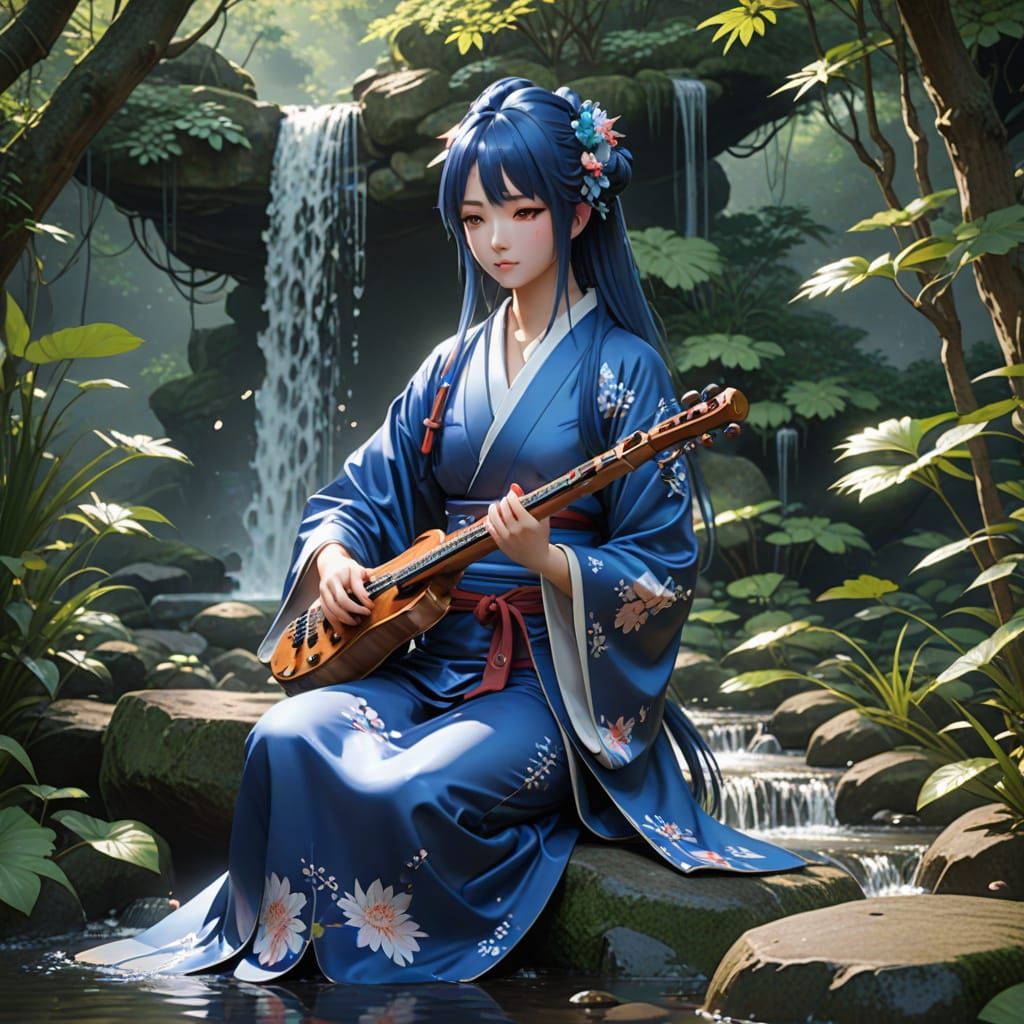 Anime Girl with Flute in Enchanted Forest