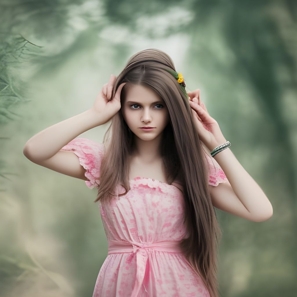 Hyperrealistic Teenage Girl with Pink Flower and Dress