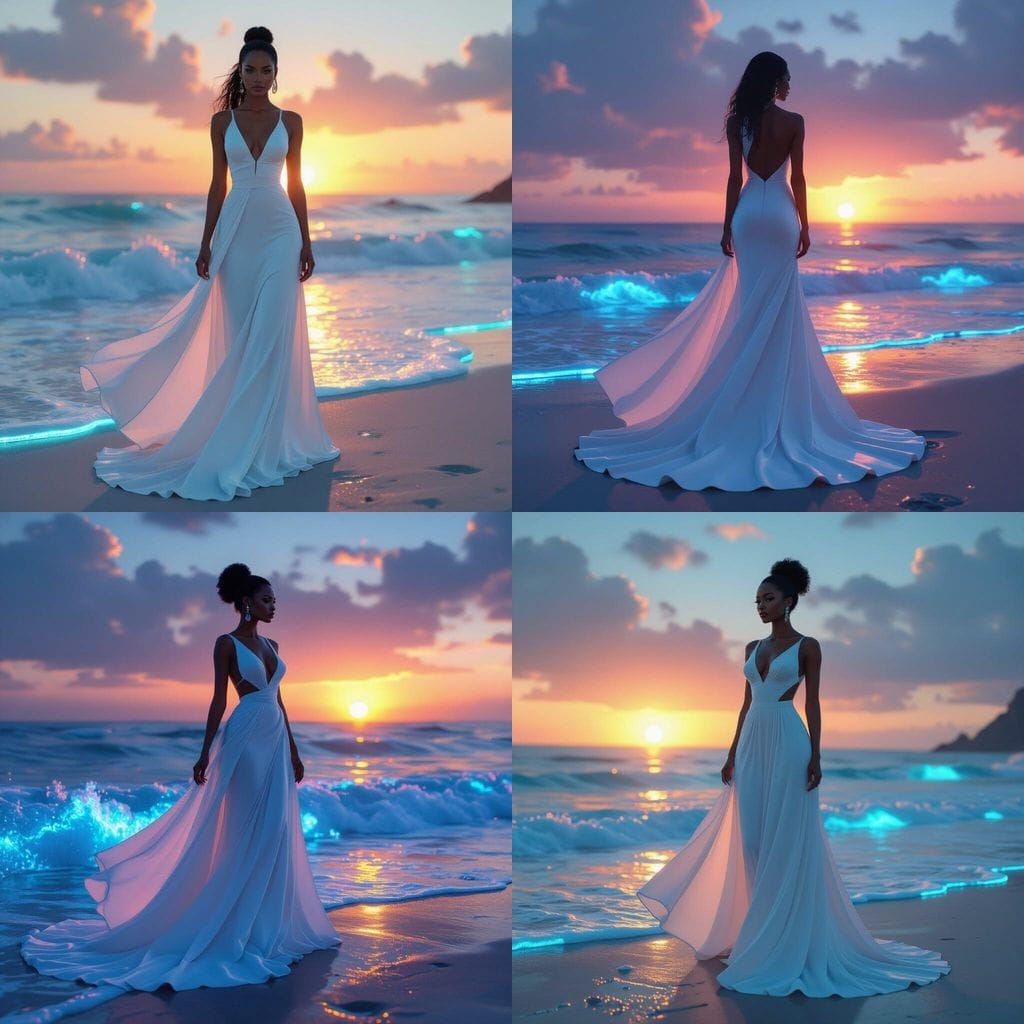 Elegant Woman on Bioluminescent Beach, Hyperrealistic Film S...