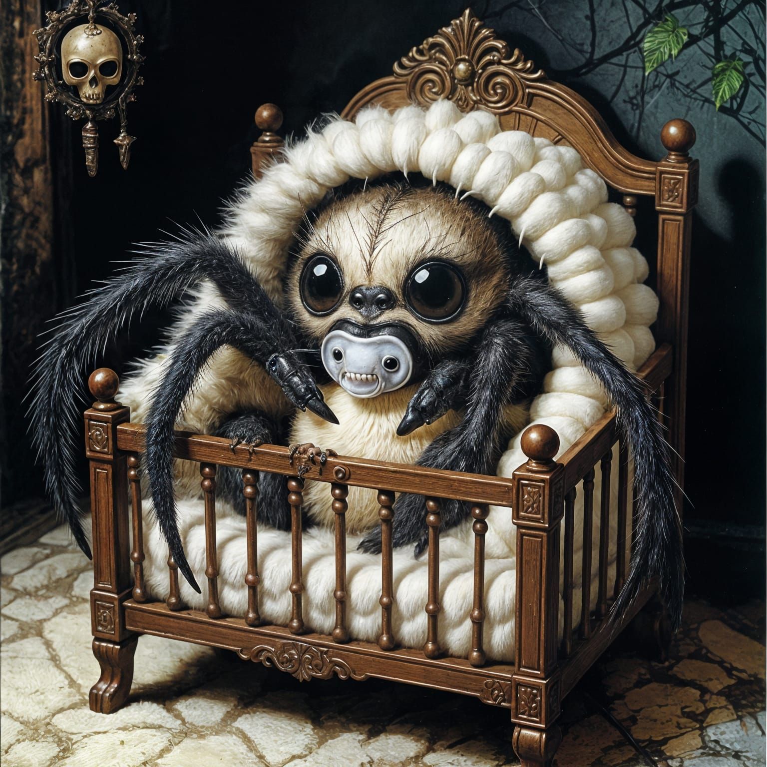 Adorable Spiderling in Gothic Crib, Dark Fantasy Art