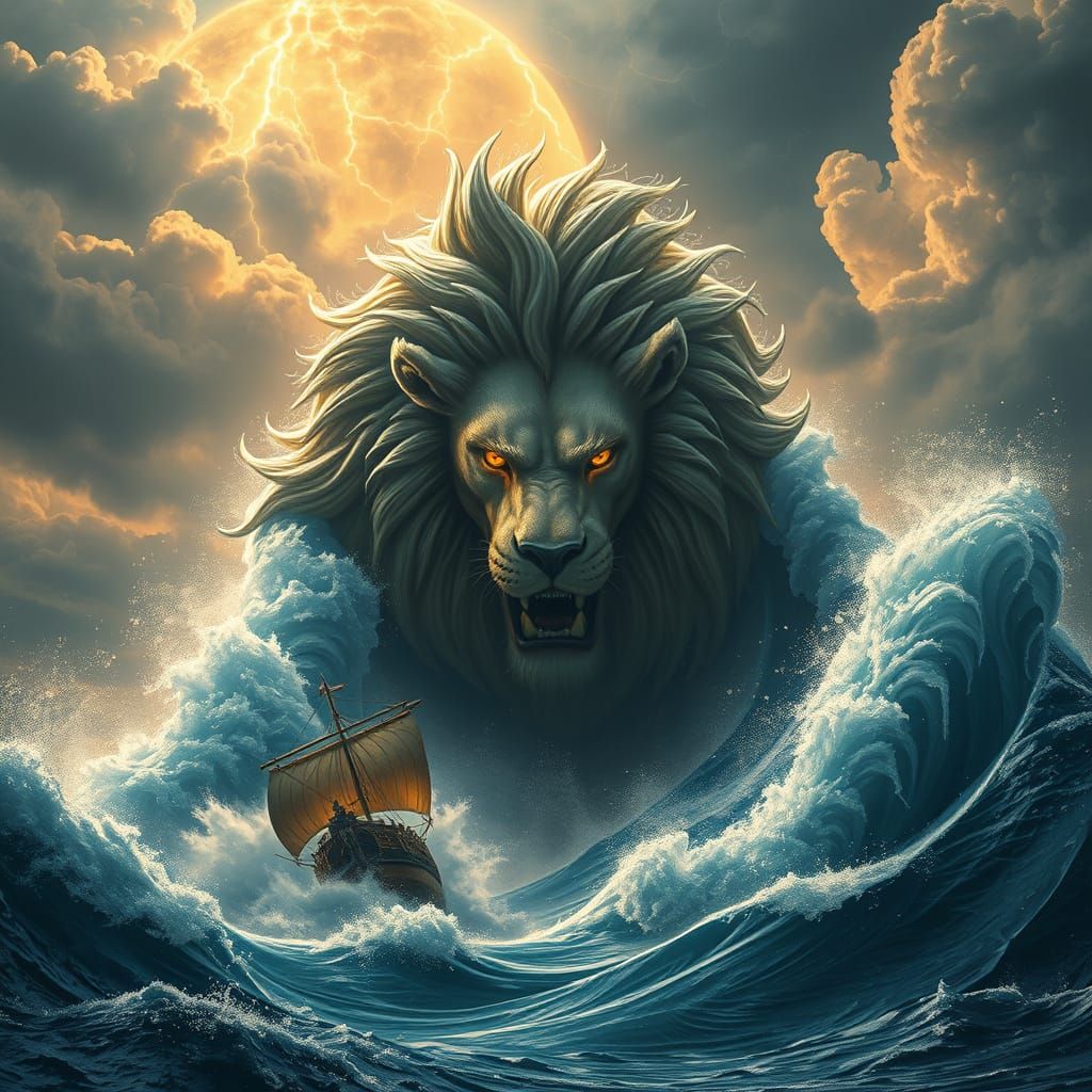 Majestic Lion Wave Devastates Tempestuous Galleon in Dramati...