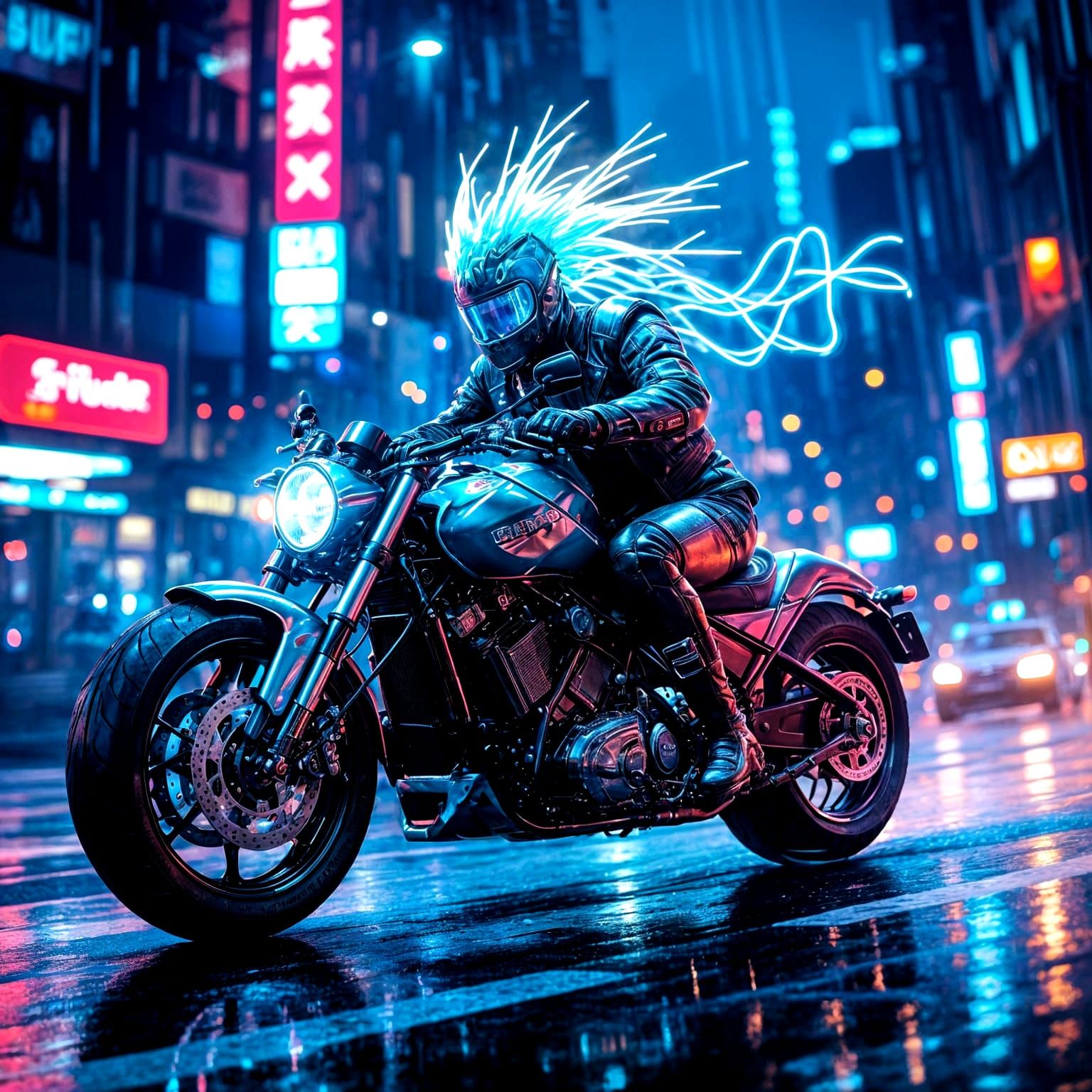 Cyberpunk Biker Speeds Through Neon City at Night