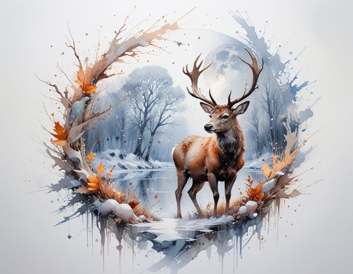 Moonlit Stag on Frozen Lake in Autumn