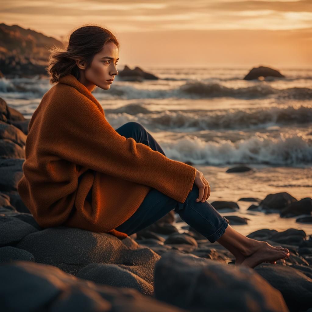 Ethereal Sunset Portrait of a Woman on a Rocky Beach
