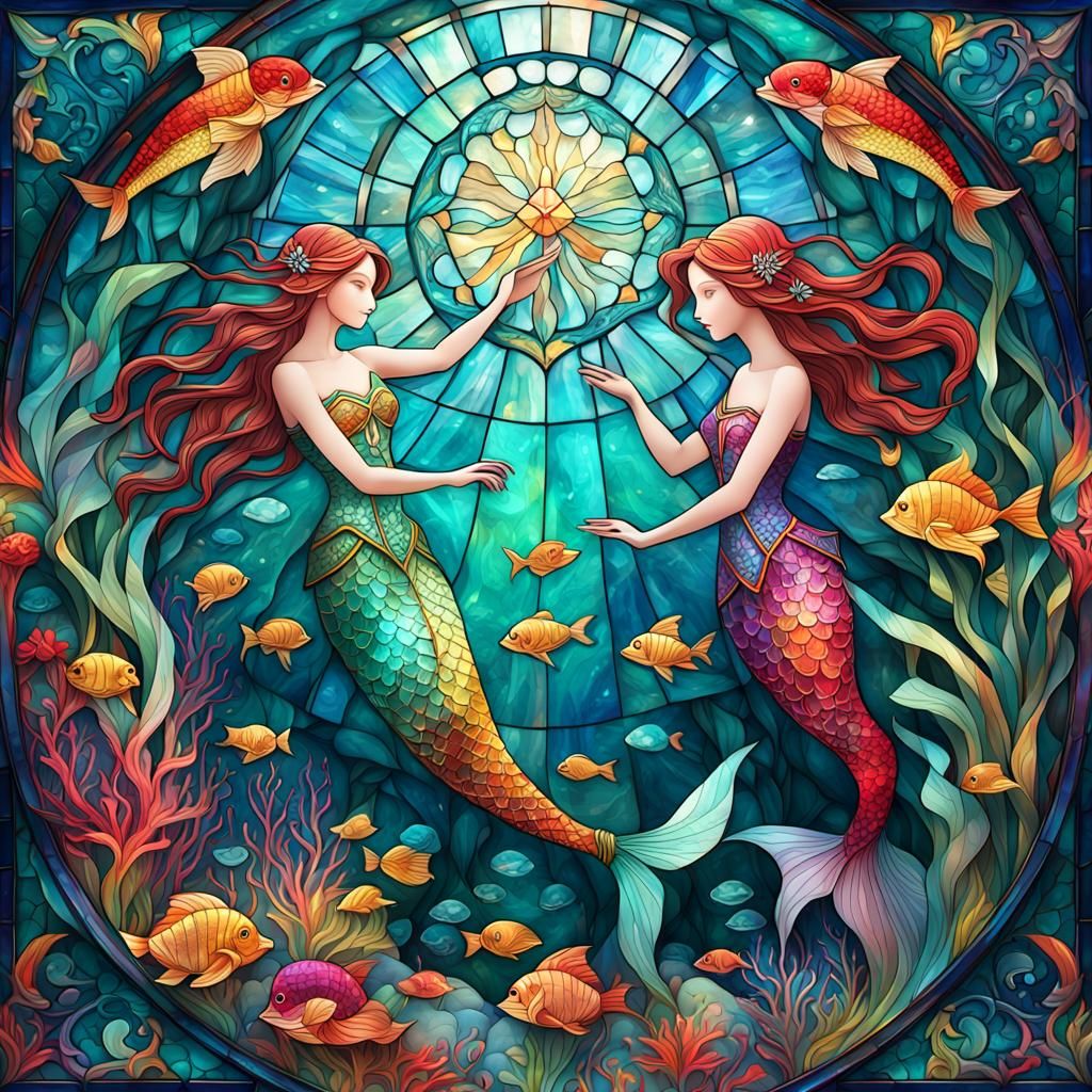 Mermaids in Stained Glass Underwater Scene
