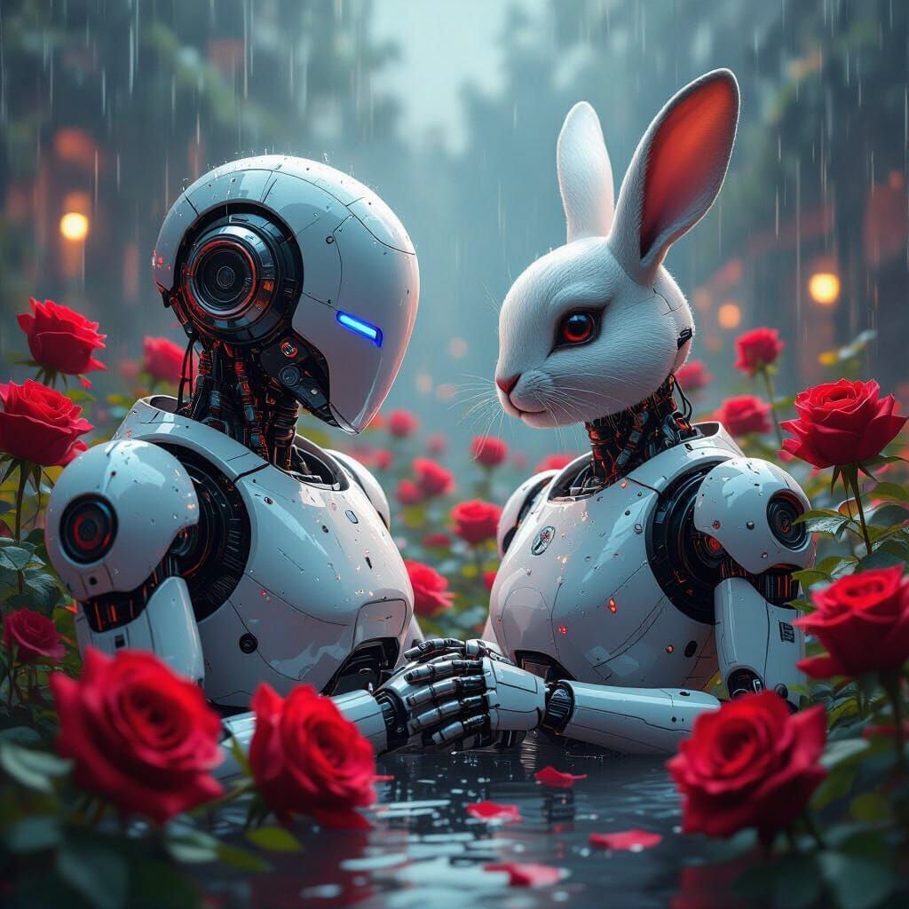 Robots and Rabbits in Rain Amidst Red Roses
