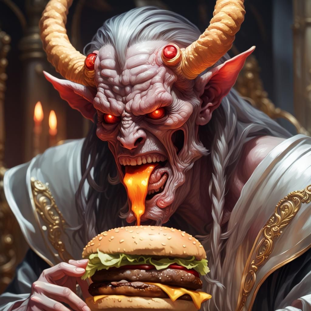 Belphegor Eats a Cheeseburger, Hyperdetailed Portrait