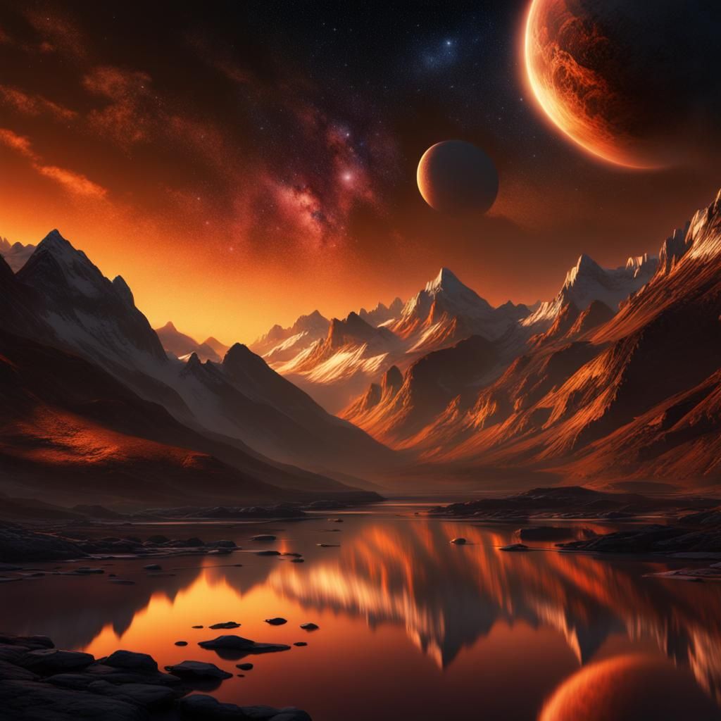 Warm Planetscape with Starry Sky and Reflections
