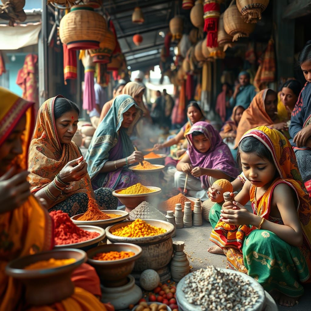 Indian Villagers Preparing Spices in Bustling Bazaar