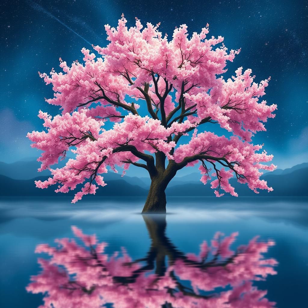 Cherry Blossom Tree Reflected Under Starry Night Sky