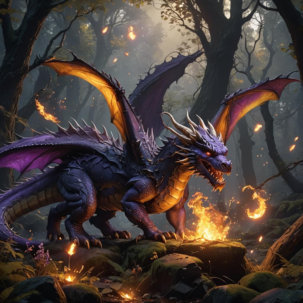 Dragon Fireballs in Dark Forest: Fantasy Art