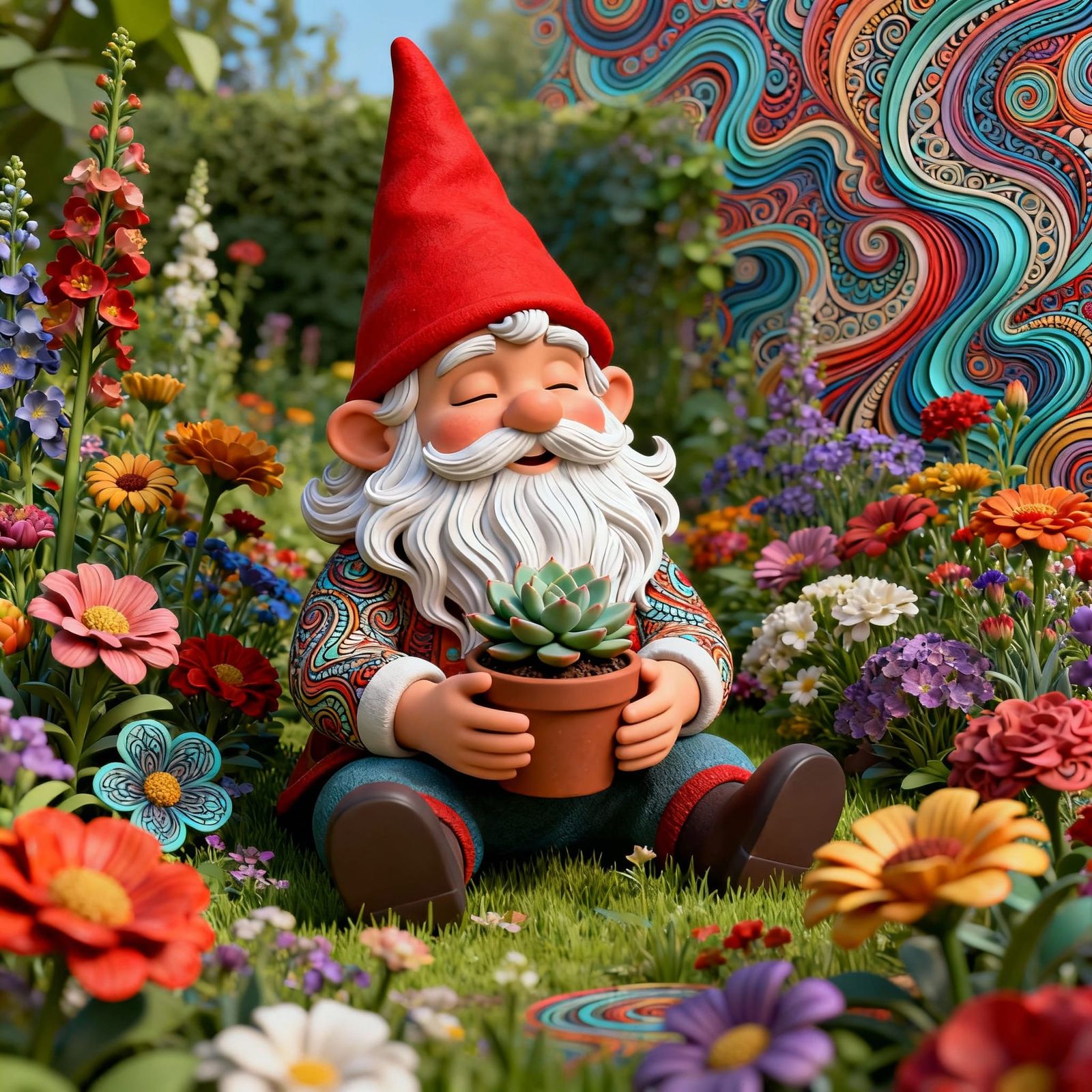 Whimsical Gnome in Vibrant Garden, Abstract Fractal Art