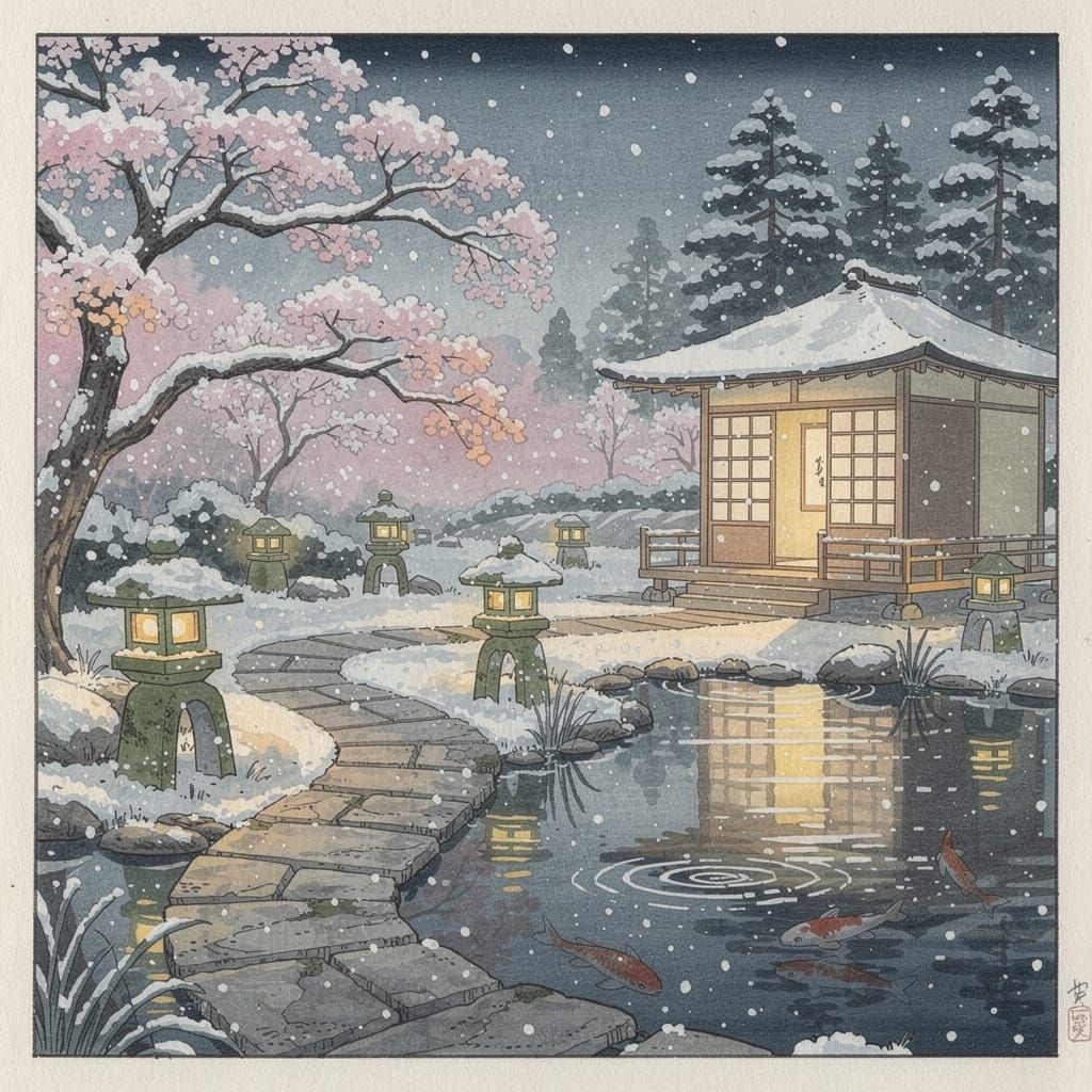 Tranquil Japanese Garden in Gentle Snowfall