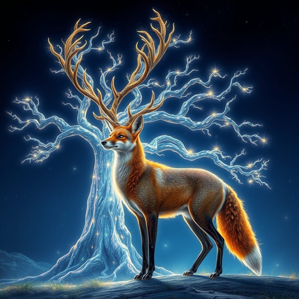 Fox-Buck Stardust Creature in Dreamlike Biomechanical Style