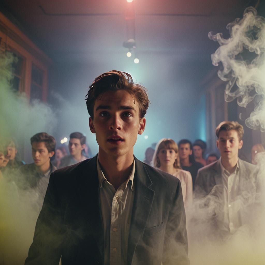 Young Man Enters Party with Vibrant Cinematic Lighting