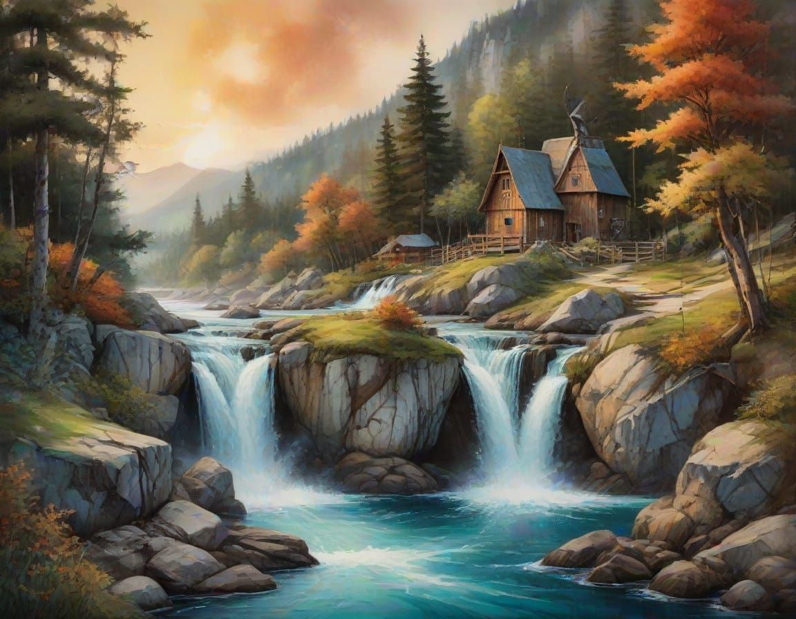 Viking Village Amidst a Serene Waterfall Landscape