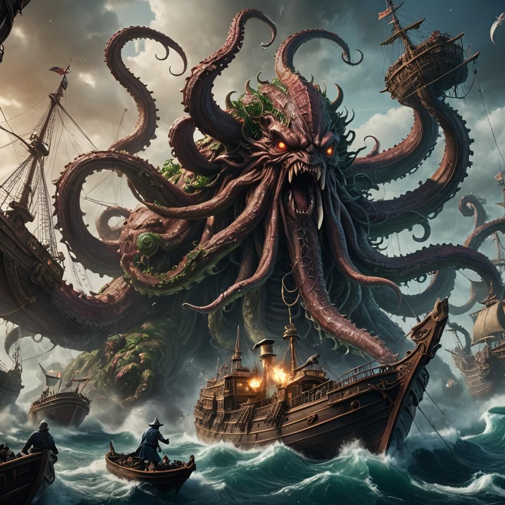 Wizard Battles Kraken Monster Attacking Ship