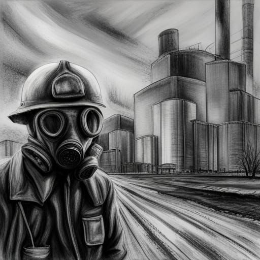 Chernobyl Firefighter in Gas Mask: Charcoal Drawing