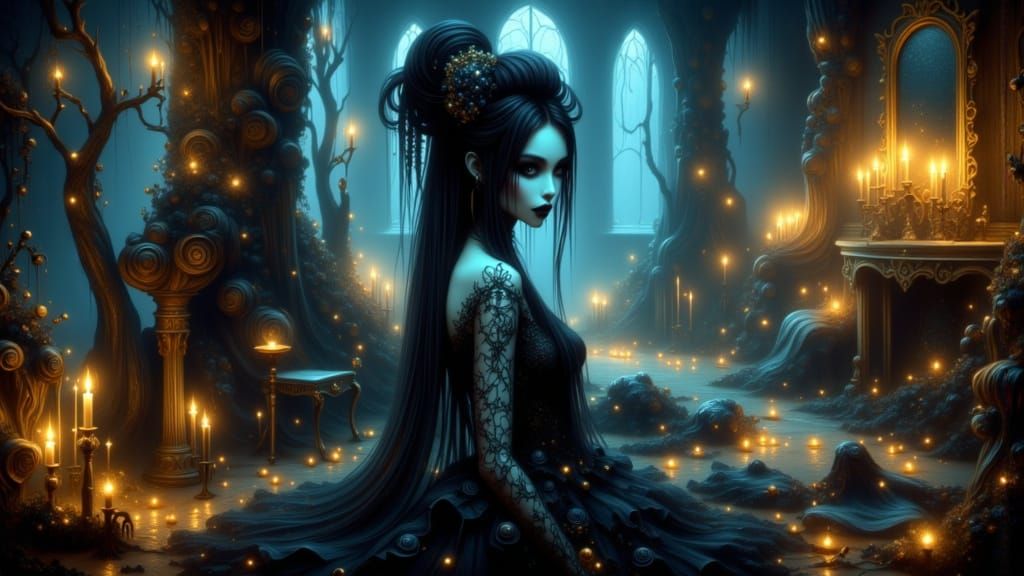 Gothic Christmas Portrait: Woman in Dark Lace, Blue & Gold