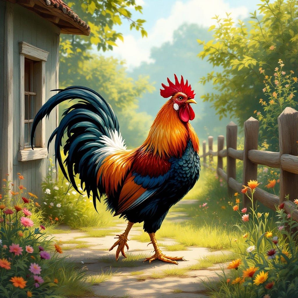 Majestic Rooster in Folk-Art Style, Summer Morning Farmyard ...