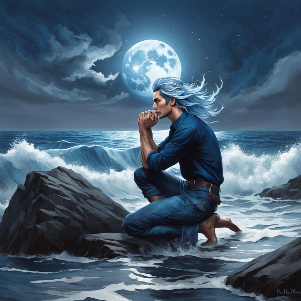 Man and Mermaid Under a Blue Moon