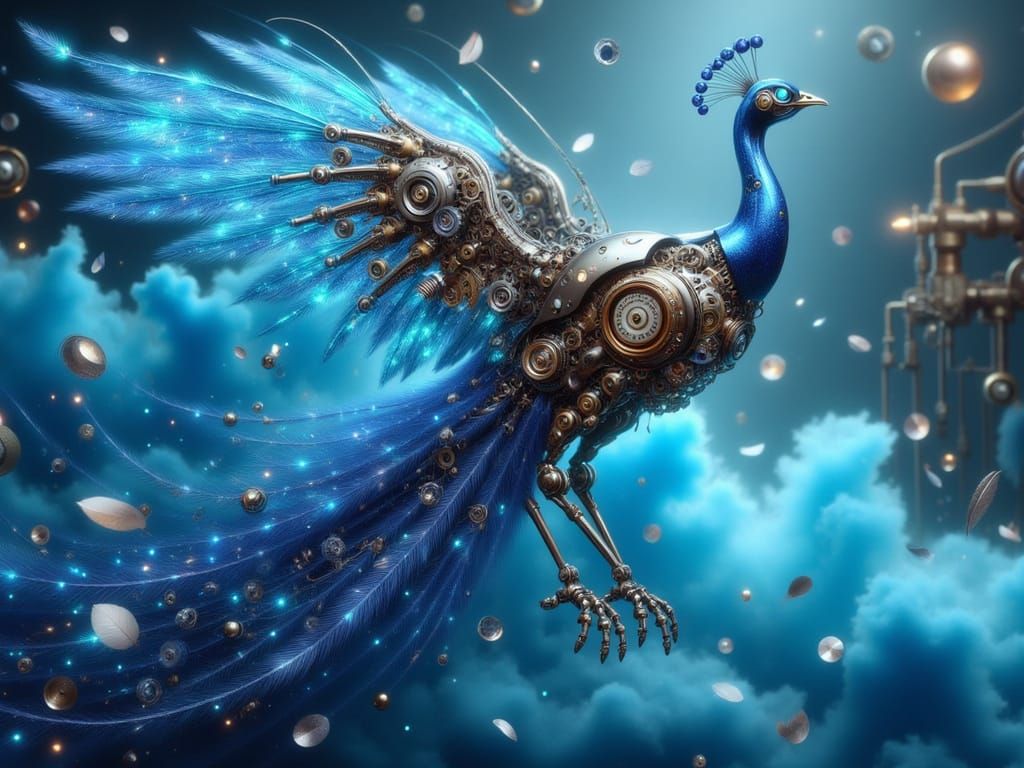 Steampunk Mechanical Peacock in Azure Dreamscape