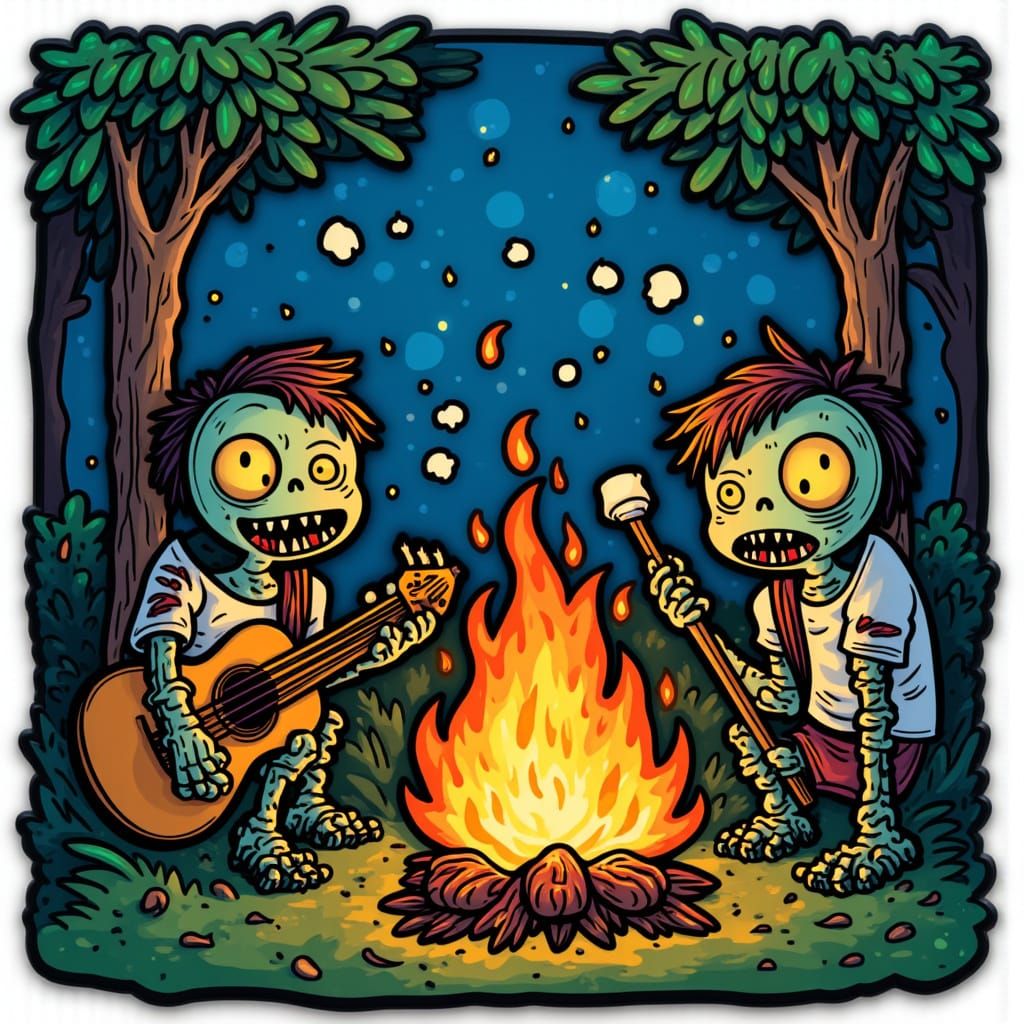 Zombies Toast Marshmallows by Campfire: Enamel Pin Art