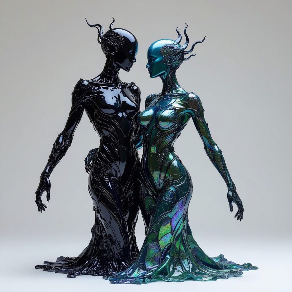 Surreal Humanoid Forms in Obsidian Silk and Molten Glass