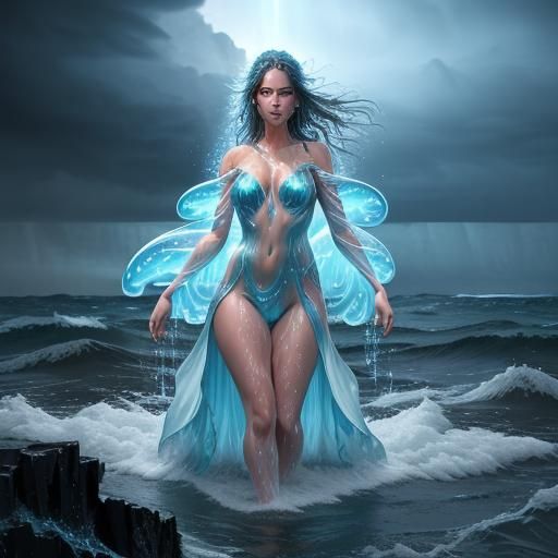Ethereal Water Elemental Dryad on Stormy Shore