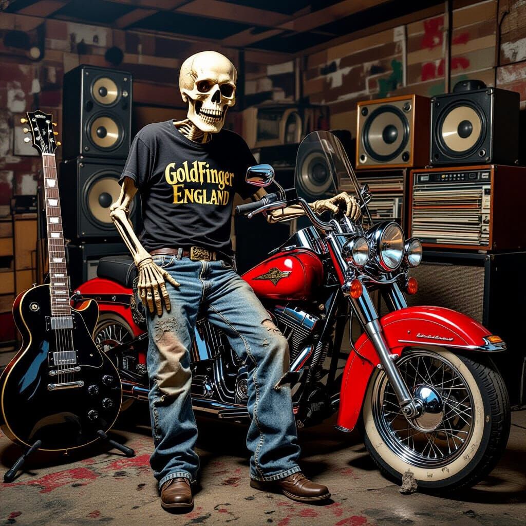 Golden-Toothed Skeleton Biker in Steadman Style