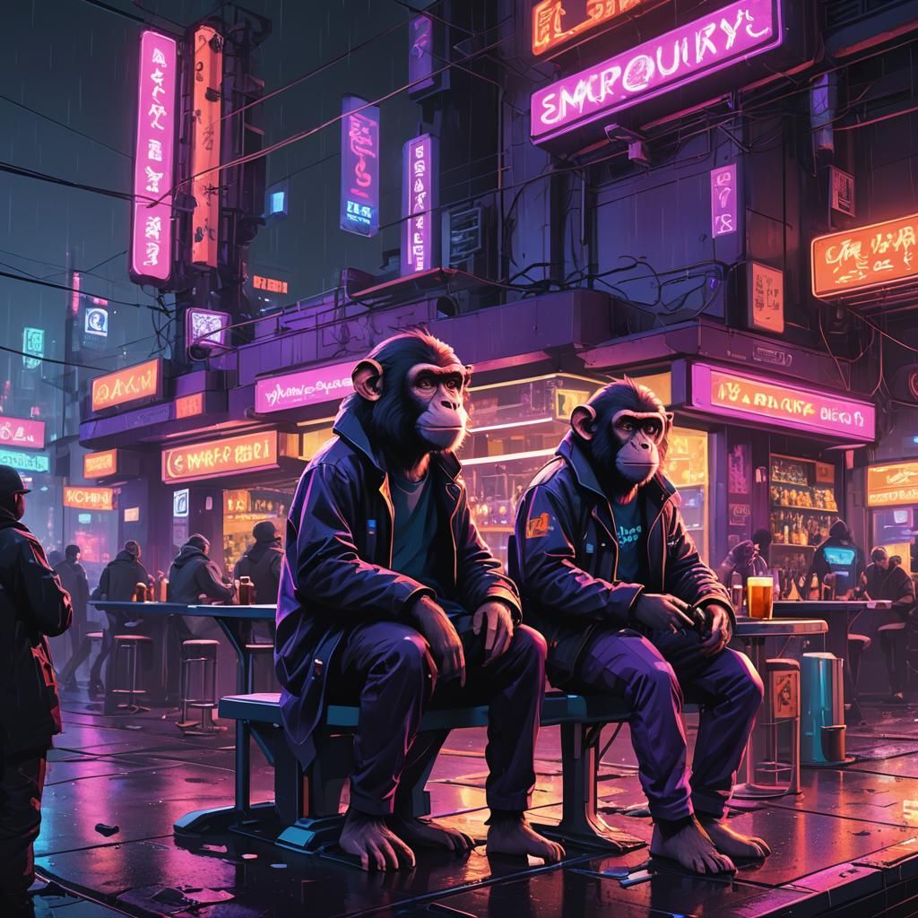 Monkeys Enjoying Neon Beers in Dystopian Cityscape