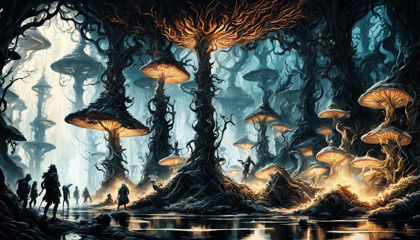 Fantasy Adventuring Party Emerges into Bioluminescent Underw...