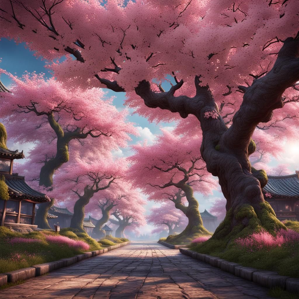 Fantastical Cherry Blossom Trees in Detailed Digital Art