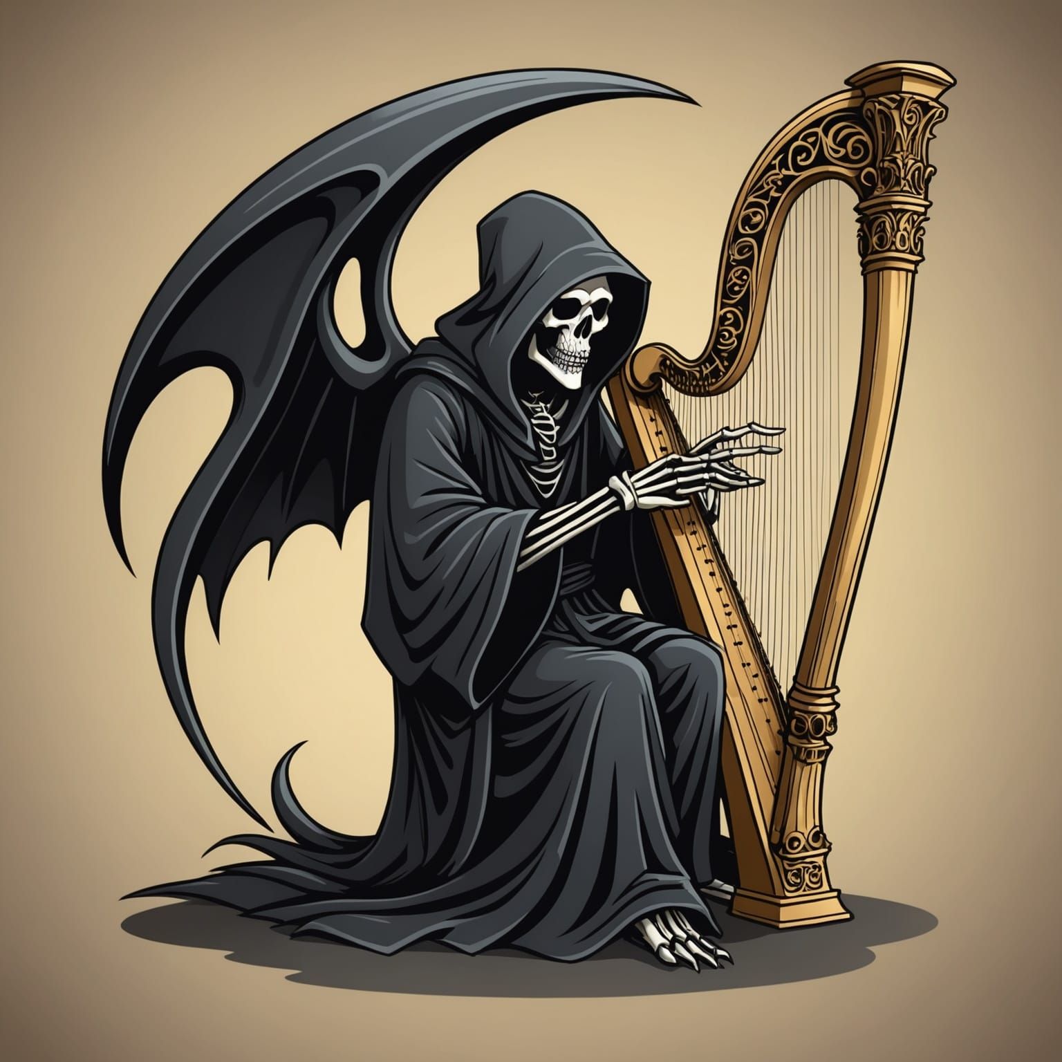 Cartoon Grim Reaper Plays the Harp