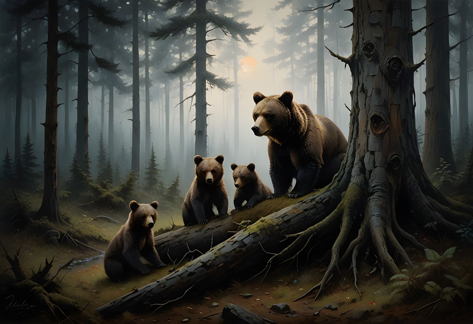 Bear Family in Foggy Pine Forest Oil Painting