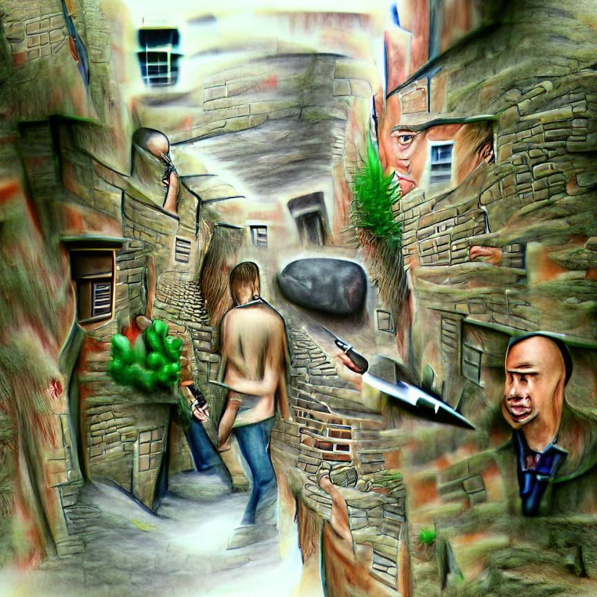 Realistic Man with Knife in Stone Alleyway